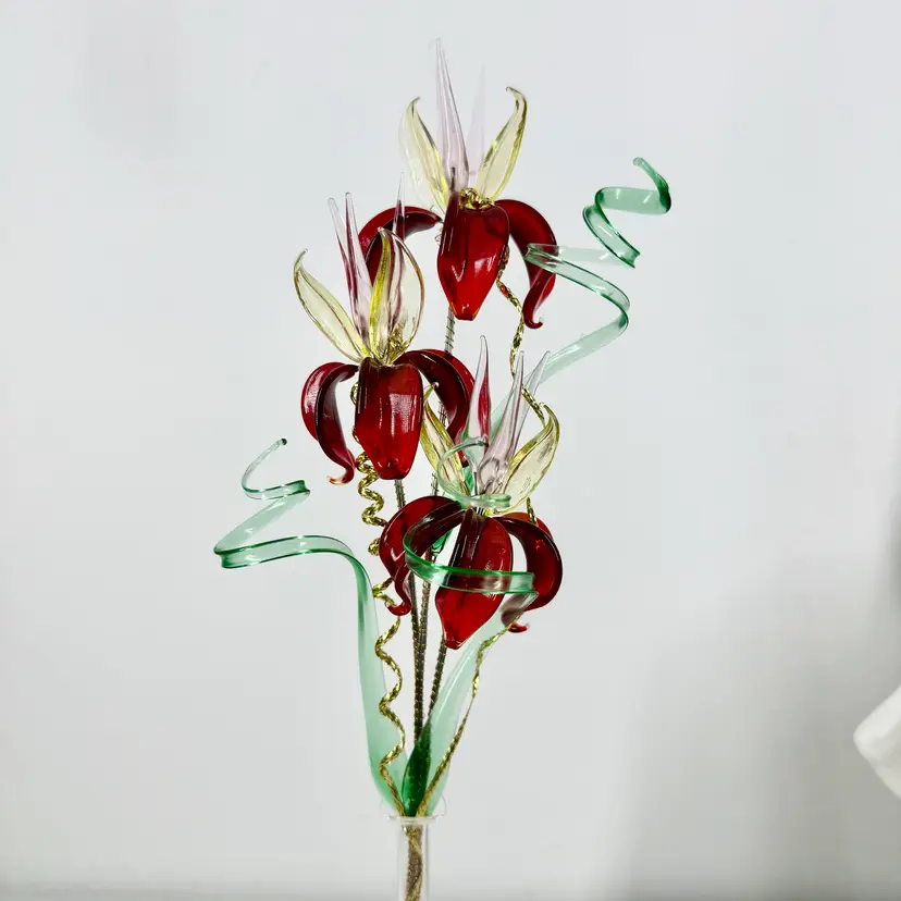 Czech Glass Floral Bouquet with Vase. Red, Green, Clear. Hand Crafted. NOS. 12” X 3”
