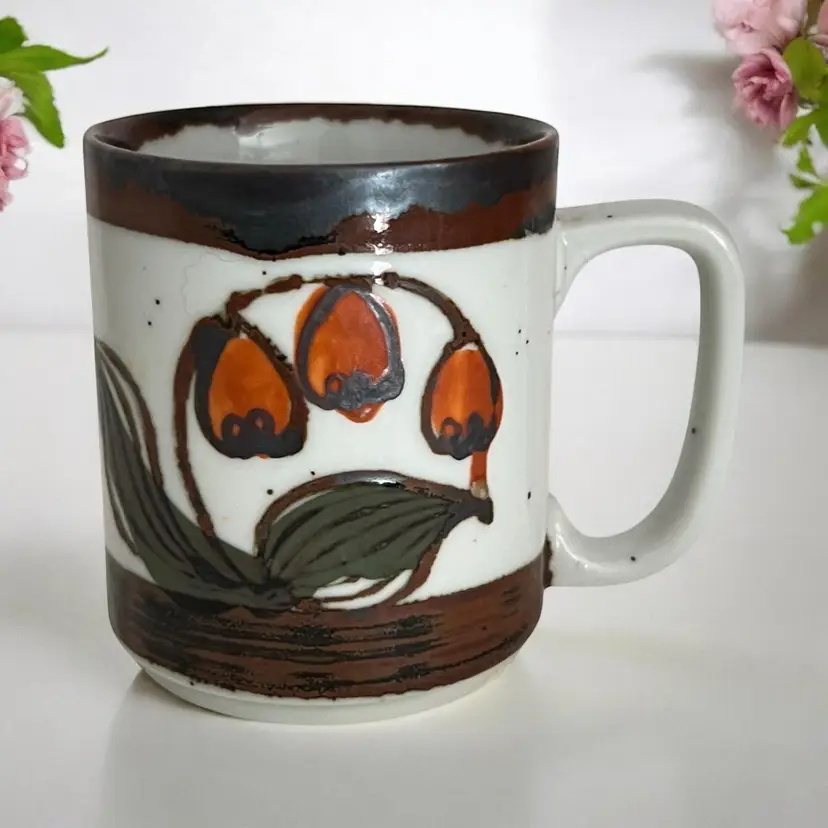 Vintage Hand Painted Speckled Coffee Mug. Brown Stoneware Pottery. Retro Flowers 1970s Bleeding Heart