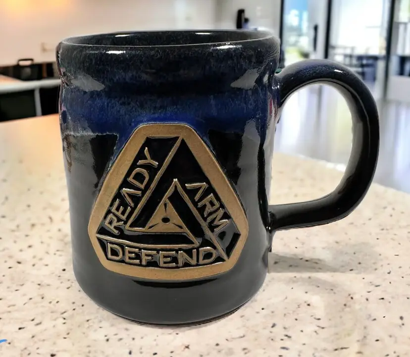Studio Pottery Mug Drip Glaze Blue Coffee Tea Signed Ready Arm Defend Military