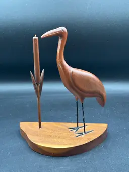 Hand Carved Wooden Crane And Cattail Tip Of Cattail Chipped Off See Photos