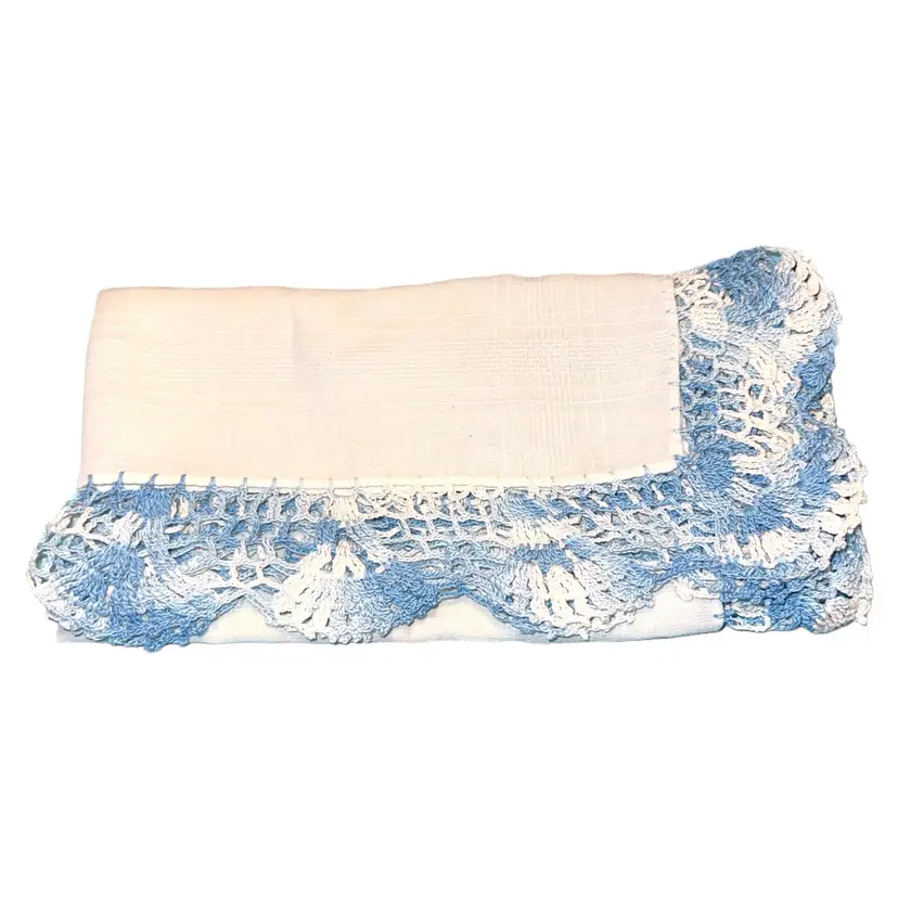 Vtg Handkerchief Hanky White Blue Hand Crochet Border Pocket Scarf 13” X 13”