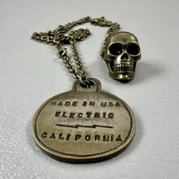 Electric America Metal Skull Pendant Necklace Gothic California USA 15" Gold Tone Costume