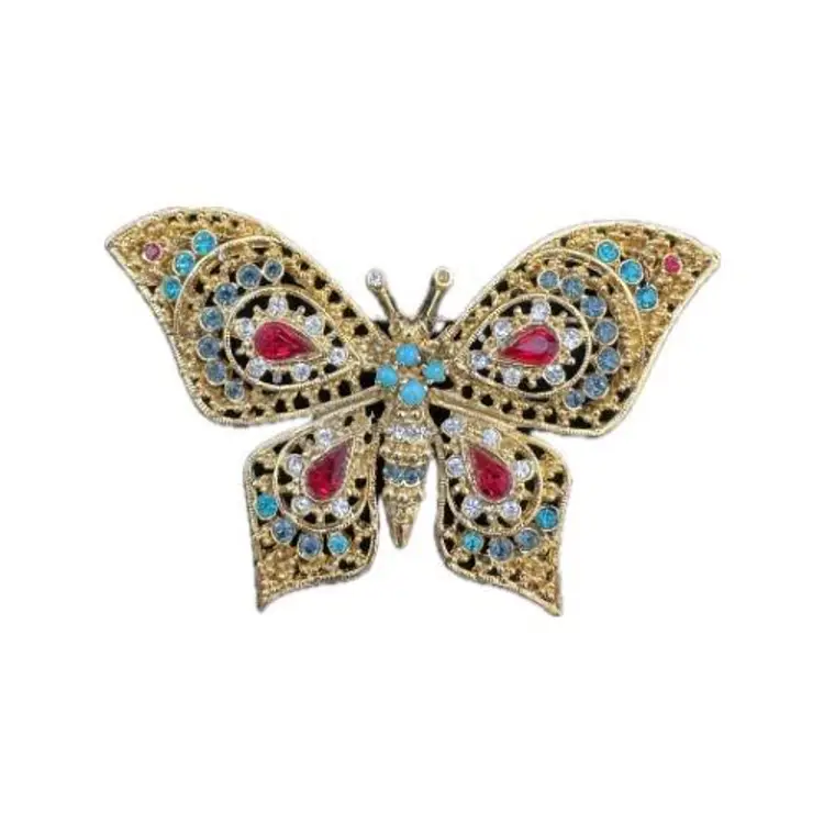 Vintage Gold Tone Multicolor Butterfly Brooch Signed 1565