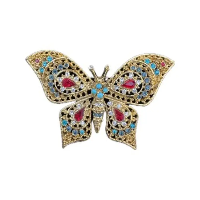 Vintage Gold Tone Multicolor Butterfly Brooch Signed 1565