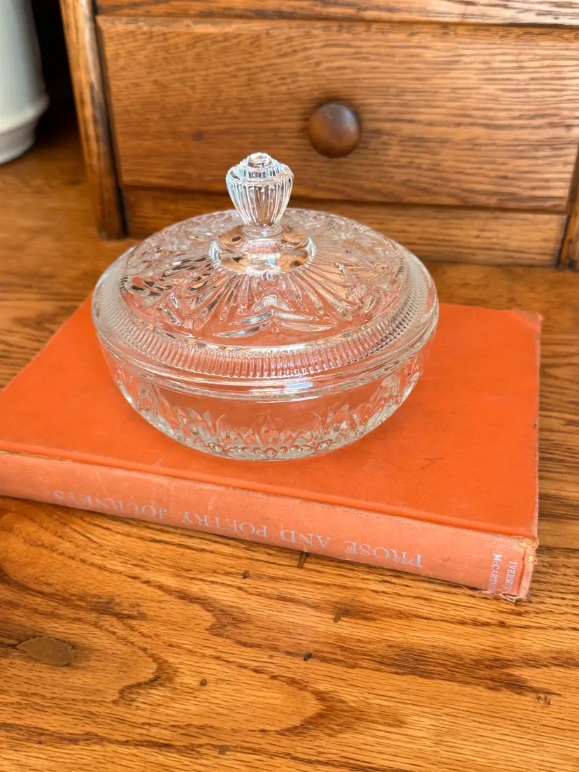 Vintage Avon Glass Candy Dish with Lid, Clear Pressed Glass Trinket Bowl, Cottage Decor, Small Lidded Dish, Vanity Storage, 6 Inch Bowl