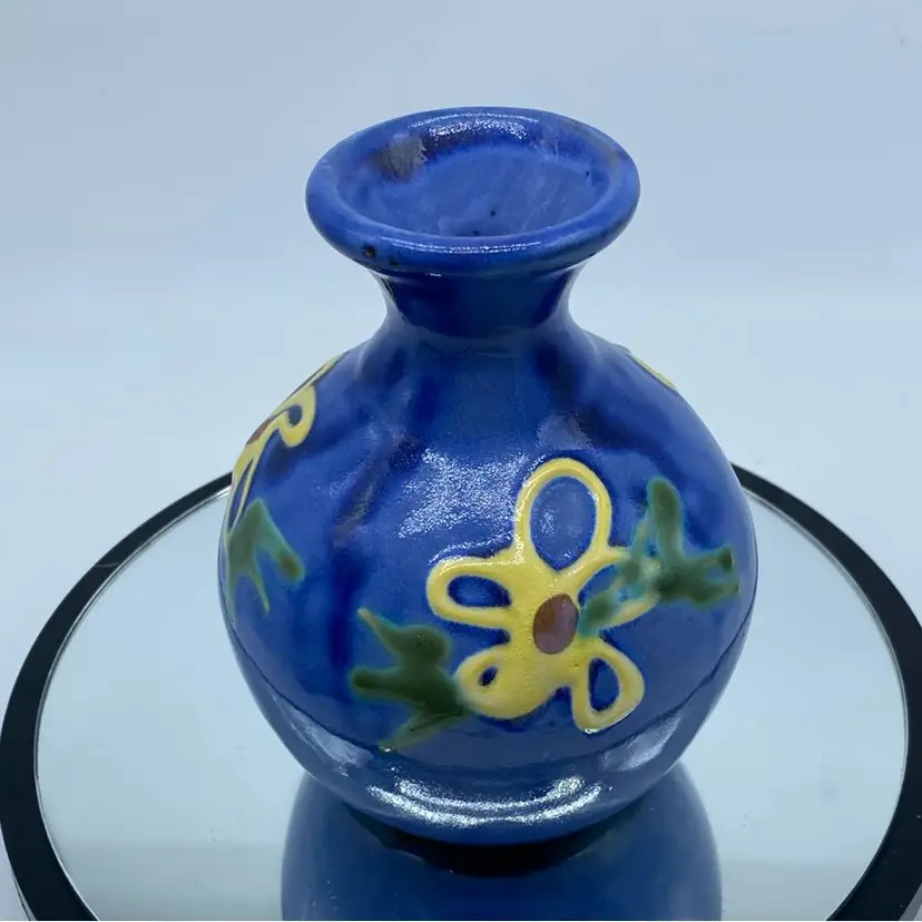 #1917 Blue Red ware Pottery Vase With Yellow Flowers Barbados earthworks