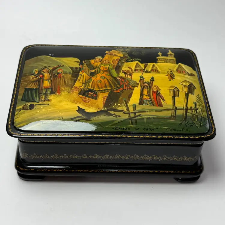 Vintage Russian Lacquer Box Fairy Tale Man Woman on Hearth Fox Village Scene