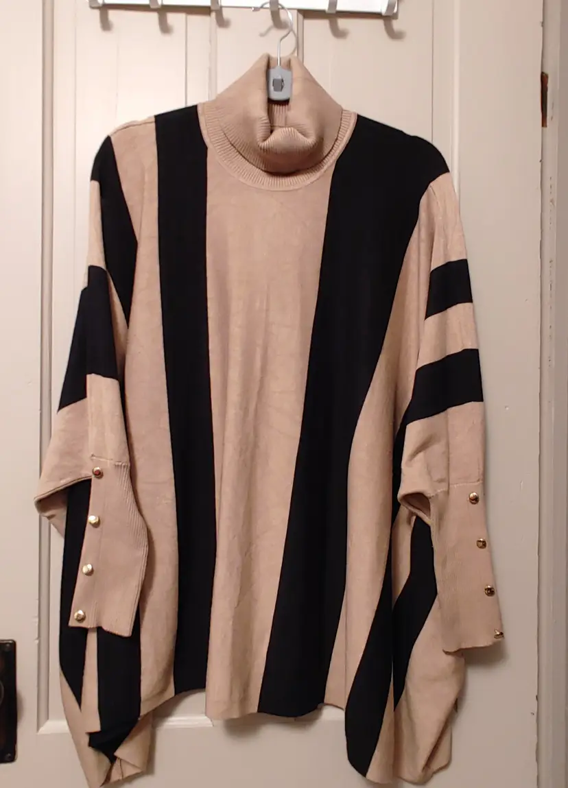 Top- Brand: JM Collection. Size XL. Khaki and black striped top. Material- 22% polyester, 78% rayon. No callouts.