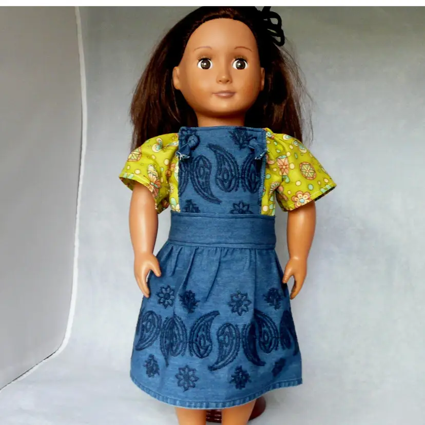 Handmade 18 in Doll Embroidered Denim Chambray Pinafore Jumper Skirt Peasant Blouse Set Repurposed Girls Dress