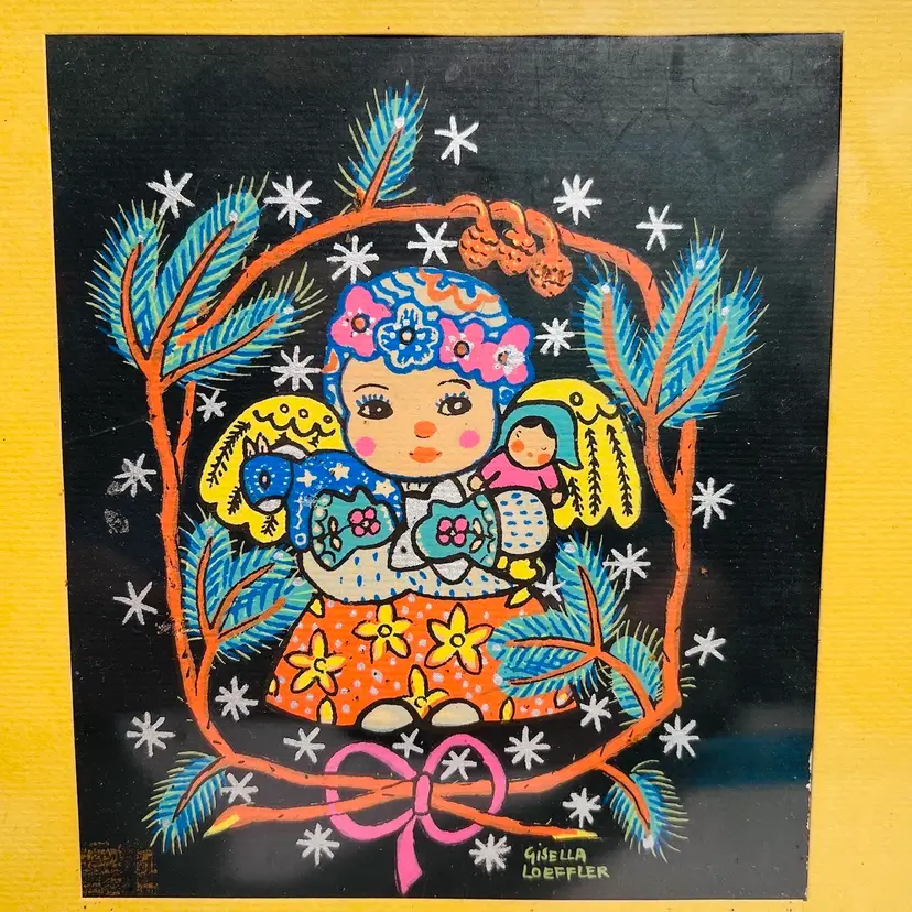Gisella Loeffler, Taos Southwest Artist, Little Girl Flower Crown Silkscreen Print Painting 9”x 11”
