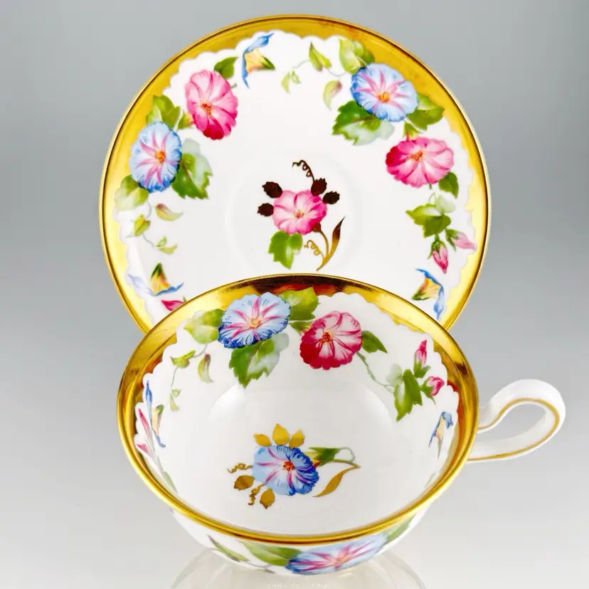 Royal Chelsea Bone China, Morning Glories Tea Cup & Saucer Set, Vintage Made in England