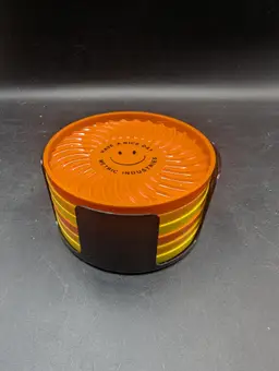 Vintage Ritepoint Advertising Set of 6 Plastic Coasters Metric Industries Mid Century With Smiley Face.