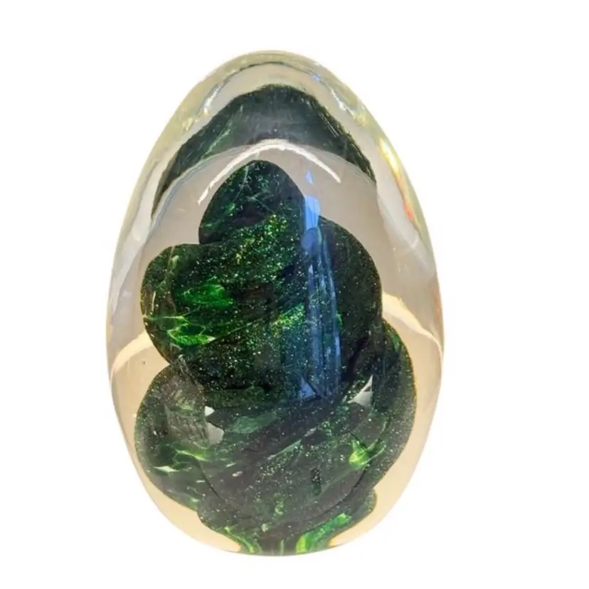 Vintage Titan 1997 Art Glass Paperweight Emerald Green Swirl Flecks Round Signed