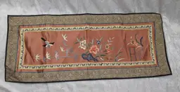 Chinese Embroidered Tapestry Table Runner Hand Stitched Panel 25x10 Bird Flowers Wall Hanging Gift Pinks Blue