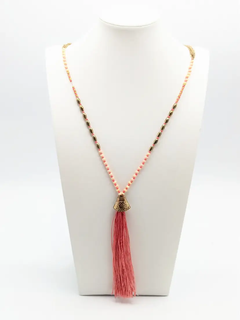 Gold Tone Pink Tassel and Beaded Necklace