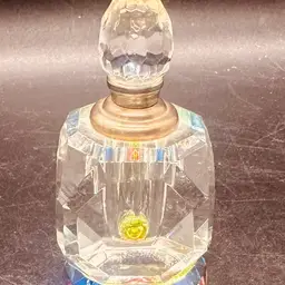 24. Vintage Faceted Clear Iridescent Crystal Brass Perfume Bott with dauber