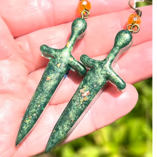 Resin & Glitter Dagger Earrings In Green & Orange With Orange Crystal Dangle. Handmade By Me! 🫶