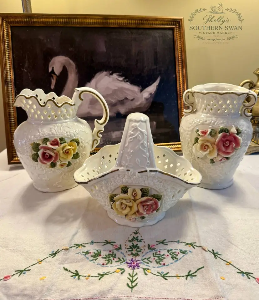 Vintage Capodimonte-Style Floral Porcelain Pitcher and Basket Set