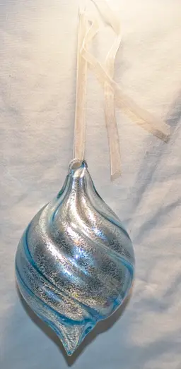 Hand Blown Blue Art Glass Iridescent Tear Drop Swirl Ornament 6.5" Tall