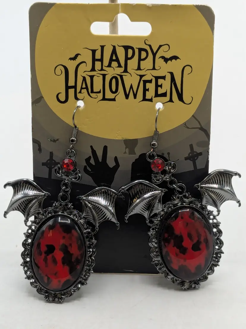 Halloween Gothic Bat Wing Earrings Spooky Jewelry NOS