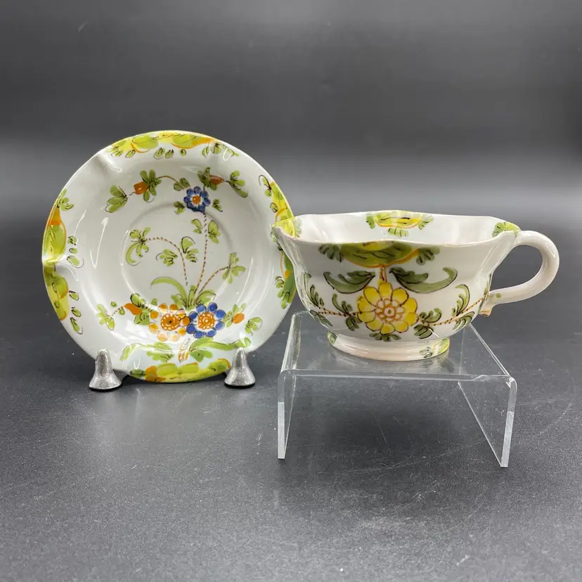 Cantagalli Firenze Italian Majolica Pottery Floral Teacup Saucer Cockerel Signed