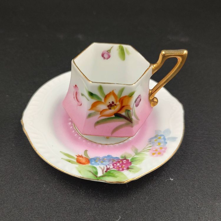 Vtg Mini Hexagonal Footed Hand Painted Teacup and Saucer