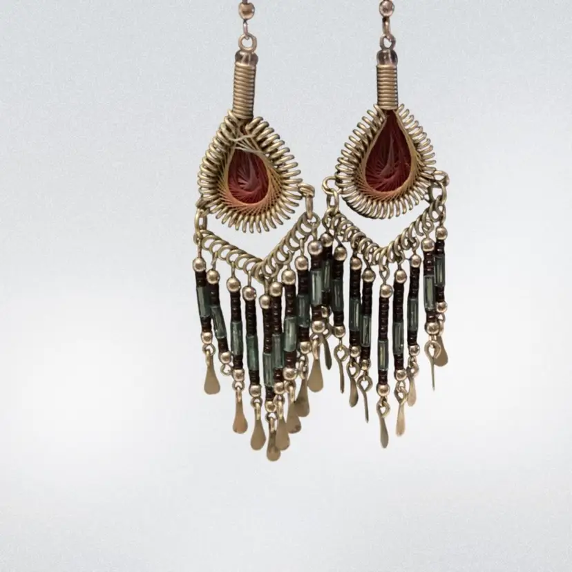 Peruvian Red, Pink, Grey Silk Thread Earrings Blue Beads Hand-crafted Dangle