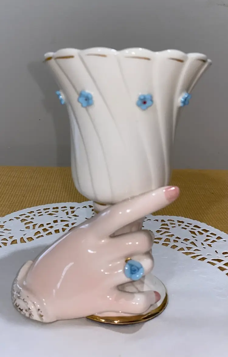 Vintage Napco Ware Lady Hand Holding Goblet Vase Blue Applied Rose C5528