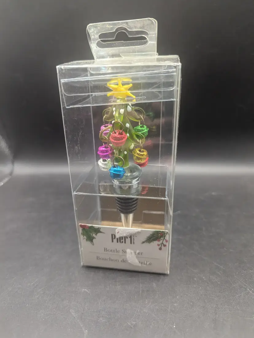 Pier 1 Imports Glass Christmas Tree w/ Ornaments Bottle Stopper Wine NIB