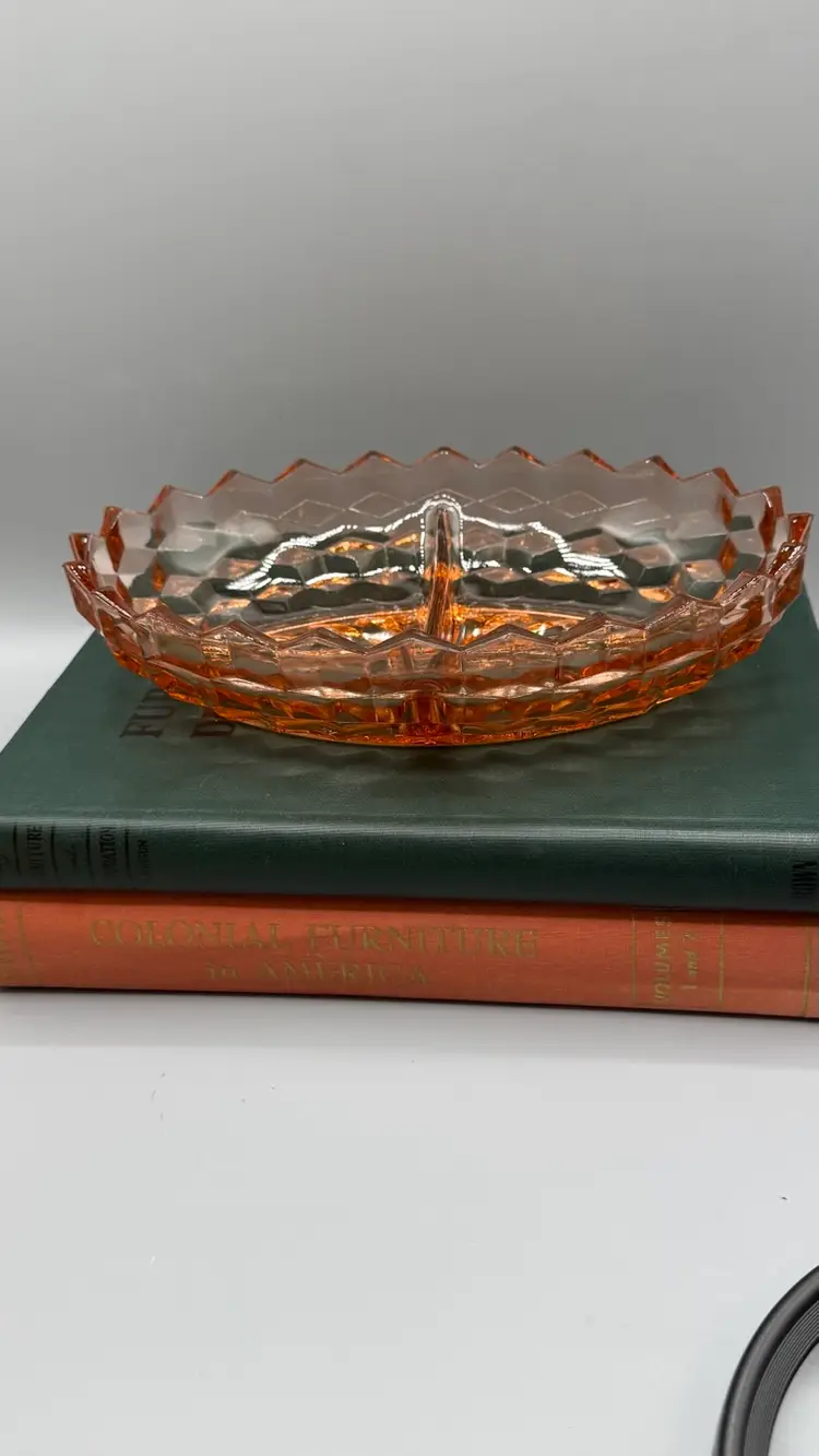 Vintage Indiana Glass Whitehall Pink Divided Relish Dish - Cubist Pattern 10