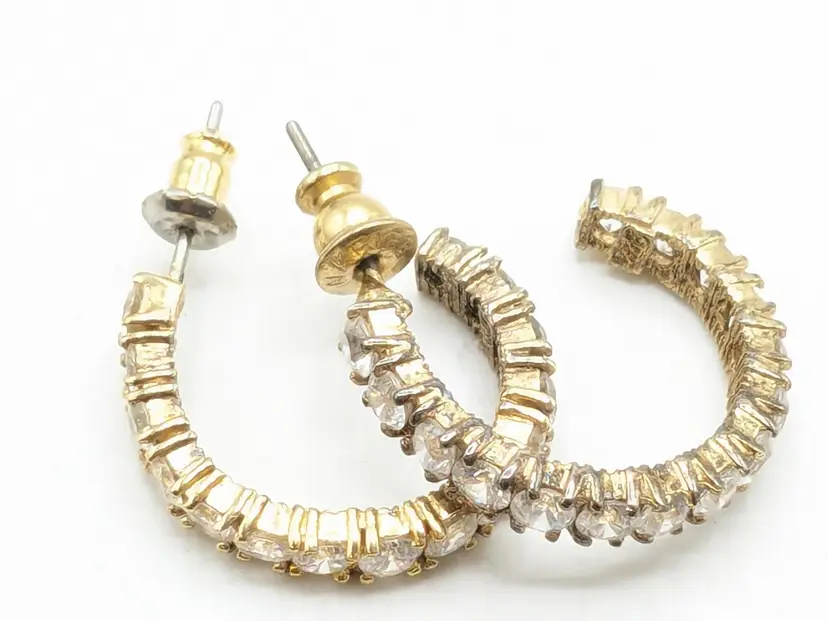 Sterling Silver Gold Vermeil  Faux Diamond Pierced Hoop Earrings