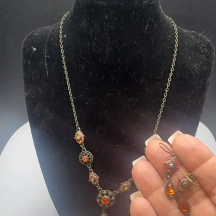 Vintage Amber Rhinestones Necklace & Earrings Set