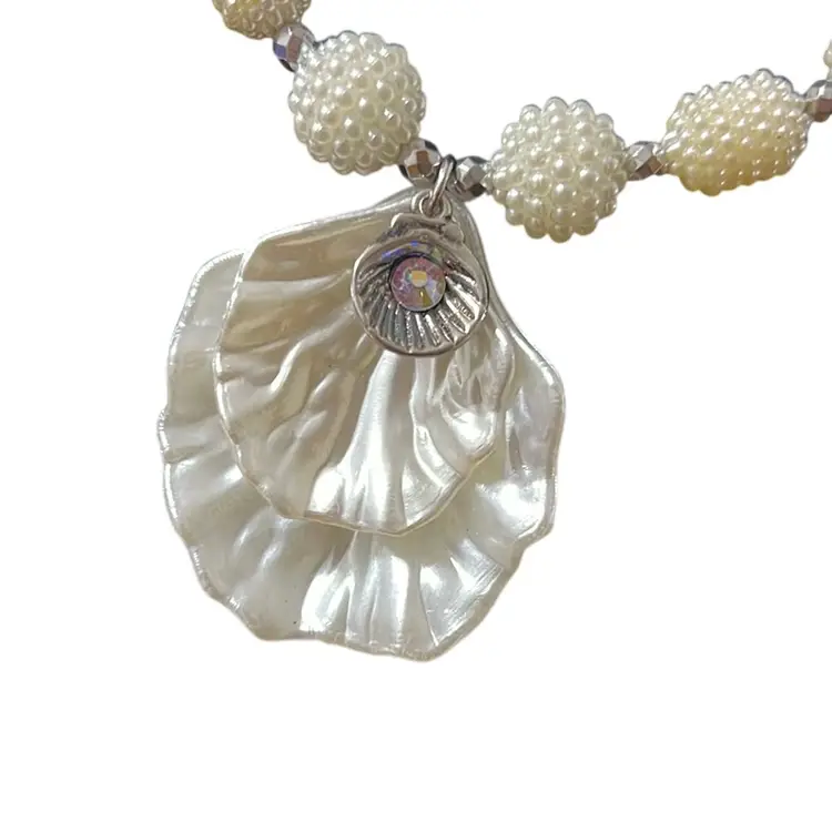 Vintage Beaded Beachy necklace Plastic Shells Aurora Borealis Sterling Silver Clasp