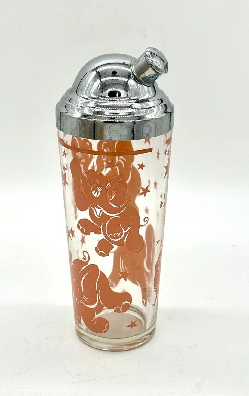 Martini Cocktail Shaker Super Cool Hazel Atlas HTF 50s MCM Iconic Dancing Partying Pink Elephants 11”H