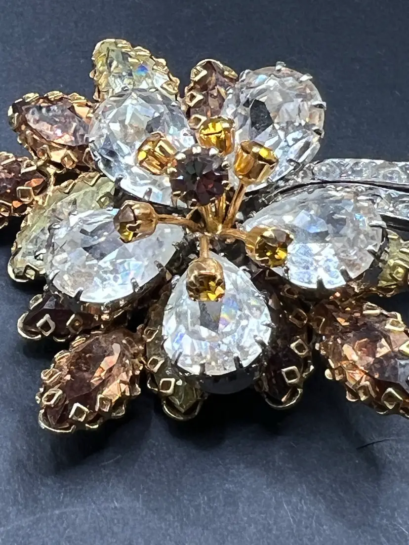 Gorgeous Large 3” AB Clear And Amber Rhinestones Forming A Floral Cluster. Marked Austria On The Back Non- Magnetic And Untested