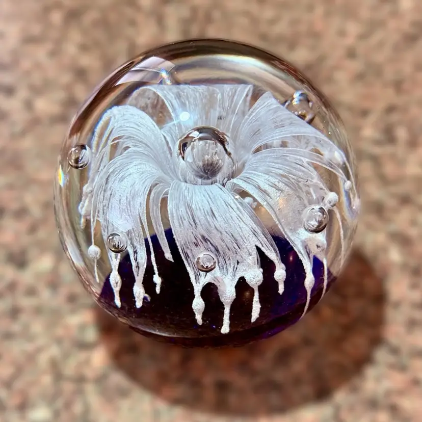 Vintage Art Glass Paperweight Cobalt Blue Bottom Drippy White Flower & Large Controlled Bubble *Bigger*