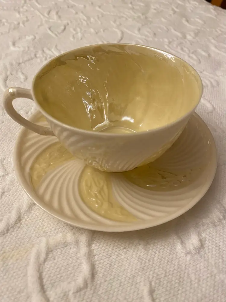 RARE! VINTAGE IRISH BELLEEK TEA CUP AND SAUCER (NEPTUNE PATTERN)