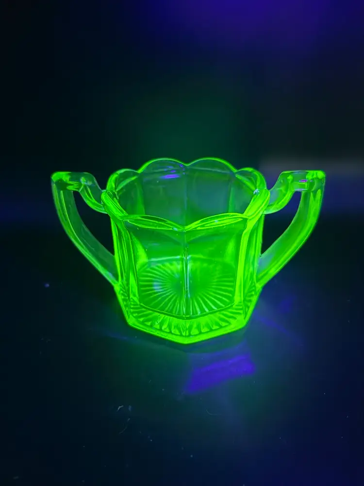 Art Deco Uranium Glass Open Sugar Bowl with Scalloped Rim