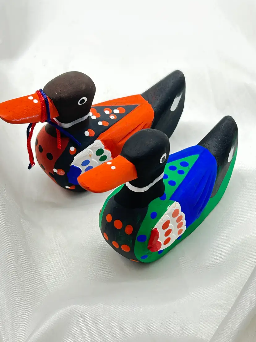 Traditional Korean Pair of Wedding Ducks Wonang Seiteu Hand Carved Wood