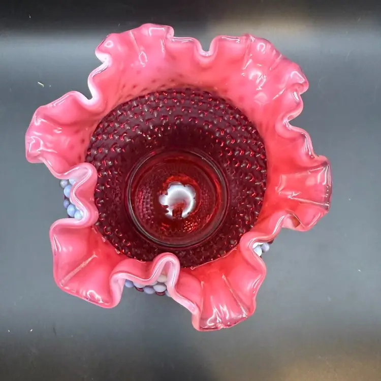 Fenton Cranberry Opalescent Hobnail Vase With A Ruffled Rim