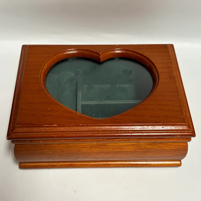 Etched Glass Heart- Wooden 3 Compartment Jewelry Box- 5.75 X 4 X 2.25