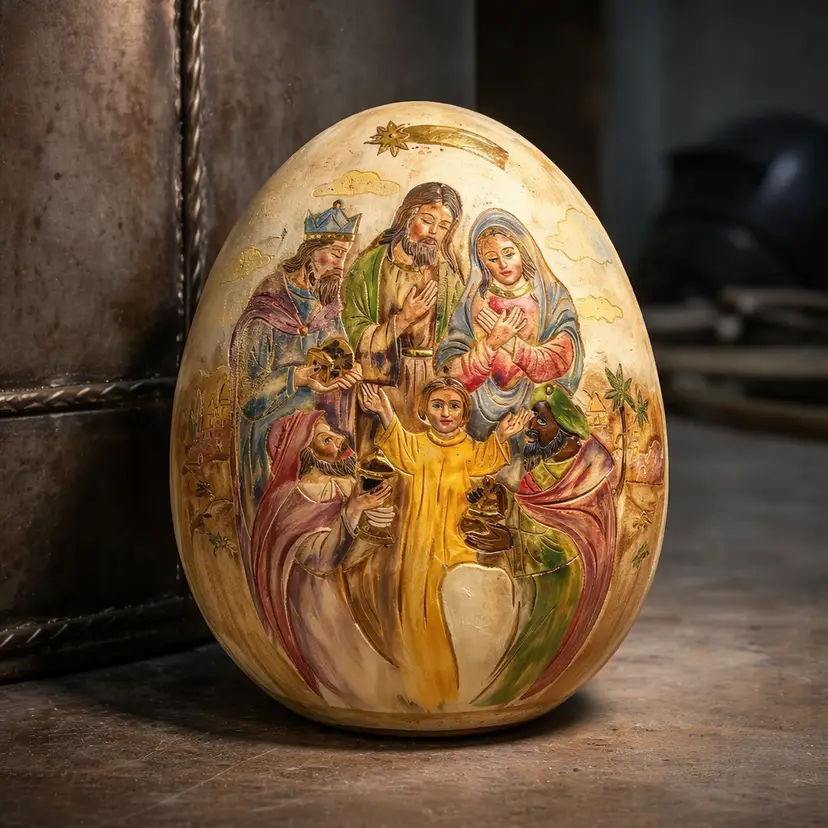 Collectible Egg Figurine w/ Carved Nativity Scene, Holy Family & Three Wise Men