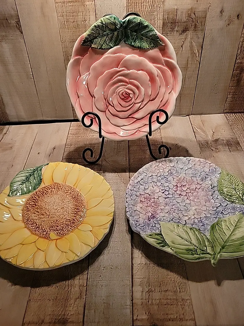 Vtg Italy Ancora Majolica Peony Sunflower Hydrangea 3 Plates 8.5” Hand Painted
