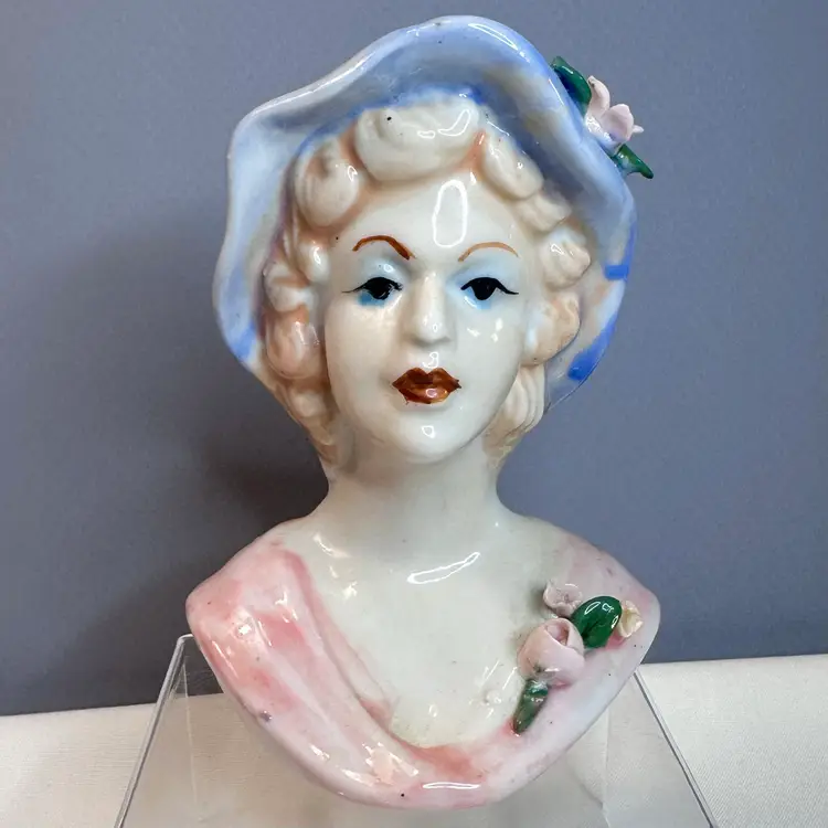 Vintage Porcelain Bust Woman’s Head w/ Pink Dress, Blue Hat & Applied Flowers