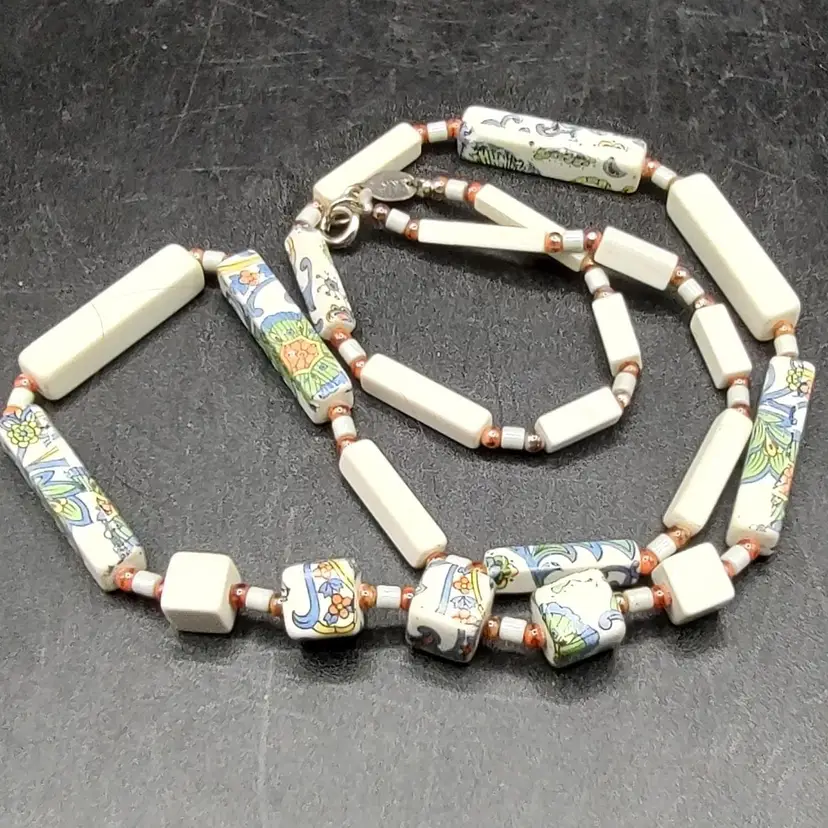 Vtg Ceramic Floral Beaded Necklace