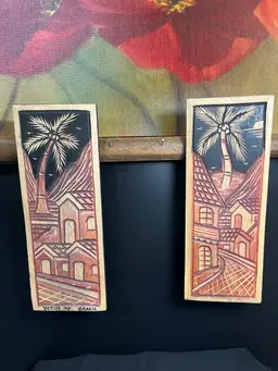Hand Carved Pair of Wooden Plaques, Made in Brasil-Village, Mountains, Palm Trees-Lot 49