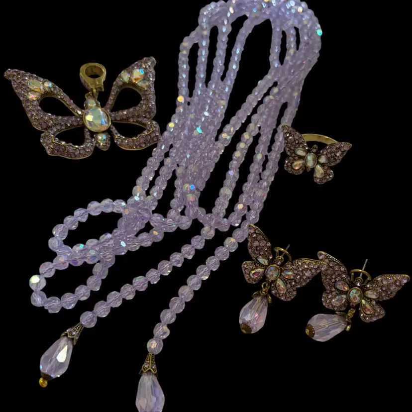 Gorgeous Heidi Daus Purple Set tassel 64” Necklace, Butterfly Pendant, Butterfly Earrings And Butterfly Ring Size 7