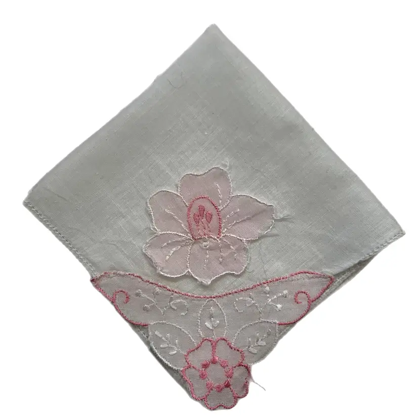 Embroidered 3D Flower Bridesmaid Handkerchief Pink Cottage Core Granny Vintage