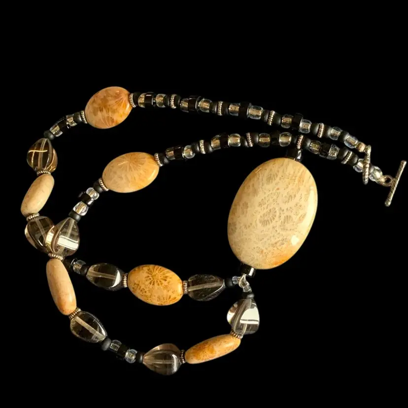 Lace Agate Necklace With Large Smokey Faceted Beads, And Smaller Black And Clear Beads With Toggle Clasp