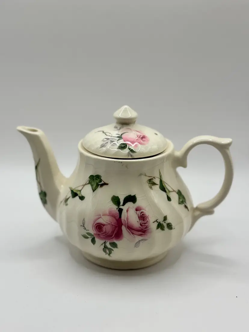 Vintage Rose Pattern Ceramic Teapot, Floral Design With Lid, Elegant Home Decor, By Crownford Giftware Corp., Made In England